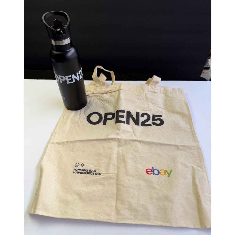 eBay Open 2025 Black Metal‎ Insulated 10" Thermos Bottle New Canvas Tote Bag